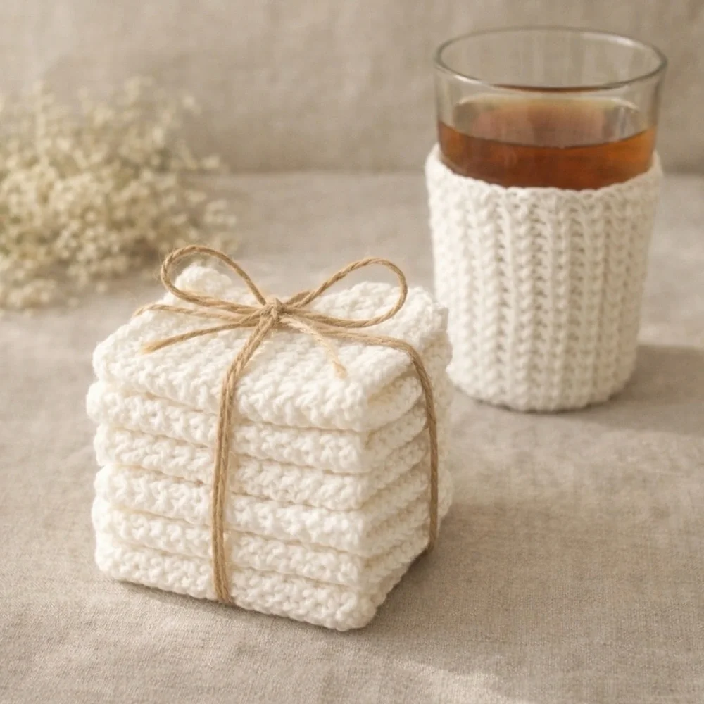 Vintage Cup Koozie Set of 6 Hand Crocheted White Cottagecore Cup Sleeves